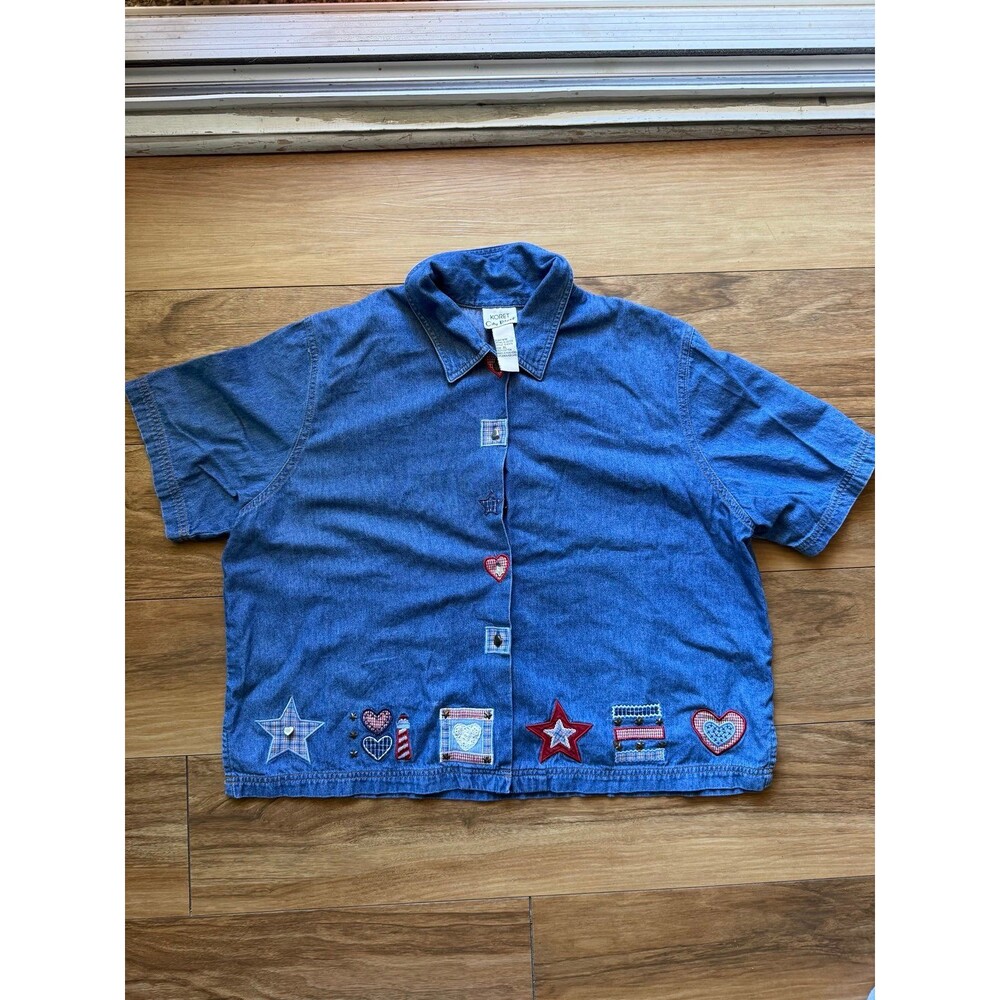 Vintage KORET City Blues Denim Shirt size XL Americana Heart Star Button Details